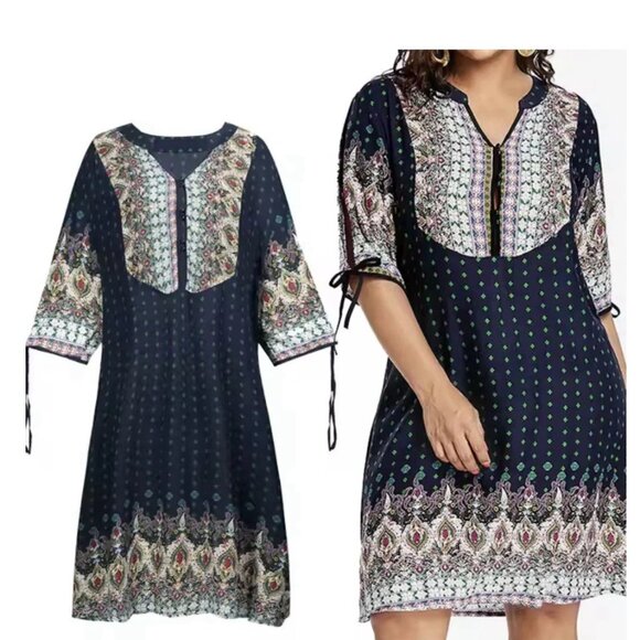Boho Flowy Shift Dress Size 4X Cotton Navy Blue Paisley Print 3/4 Sleeve - Picture 1 of 10